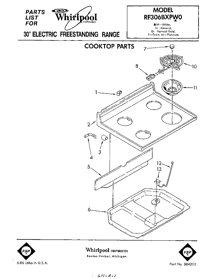 COOKTOP Diagram and Parts List for RF306BXPW0  Whirlpool Range