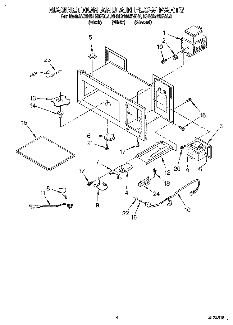 MAGNETRON AND AIR FLOW Diagram and Parts List for KHMS105BBL4  KitchenAid Microwave