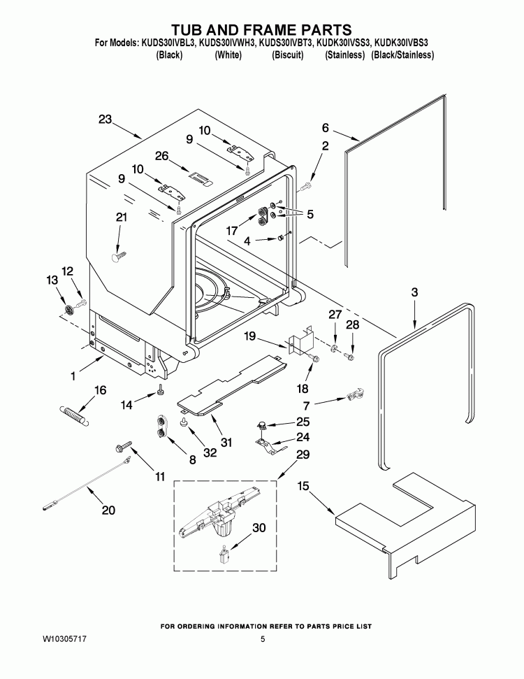 TUB AND FRAME PARTS Diagram and Parts List for KUDK30IVSS3  Whirlpool Dishwasher