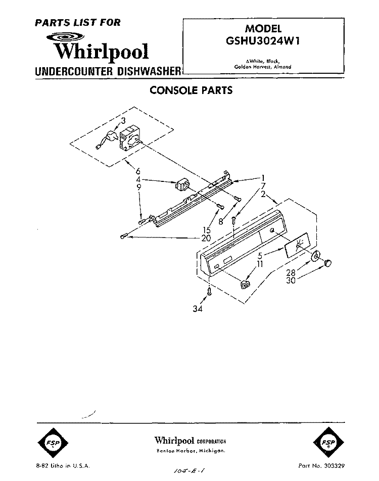 CONSOLE Diagram and Parts List for GSHU3024W1  Whirlpool Dishwasher