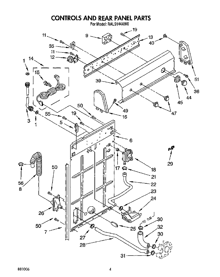 CONTROLS AND REAR PANEL Diagram and Parts List for RAL5144AL0  Whirlpool Washer