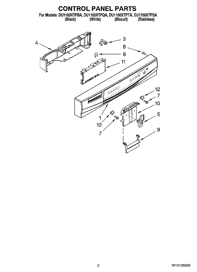 CONTROL PANEL PARTS Diagram and Parts List for DU1100XTPBA  Whirlpool Dishwasher