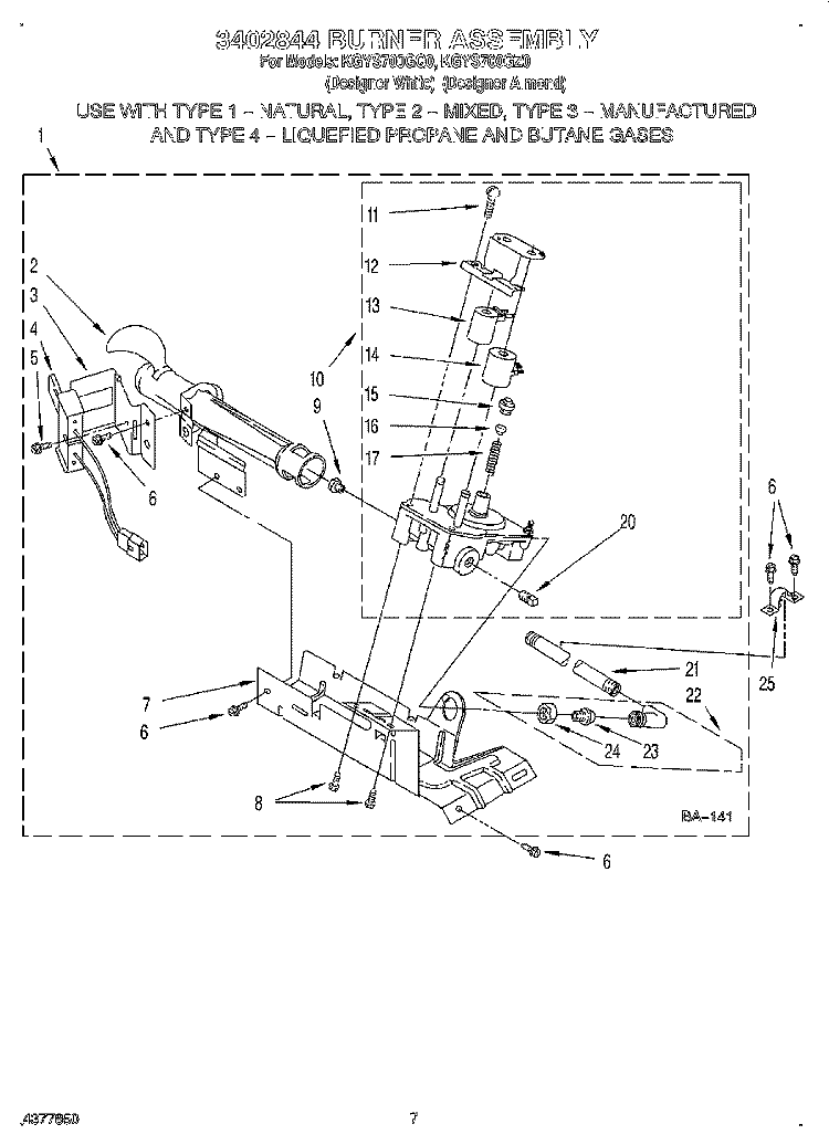 3402844 BURNER ASSEMBLY Diagram and Parts List for KGYS700GQ0  KitchenAid Dryer