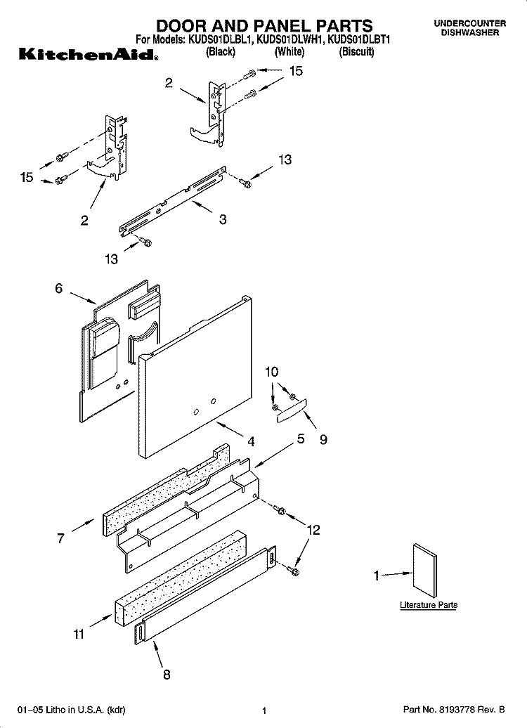 DOOR AND PANEL PARTS Diagram and Parts List for KUDS01DLBL1  KitchenAid Dishwasher