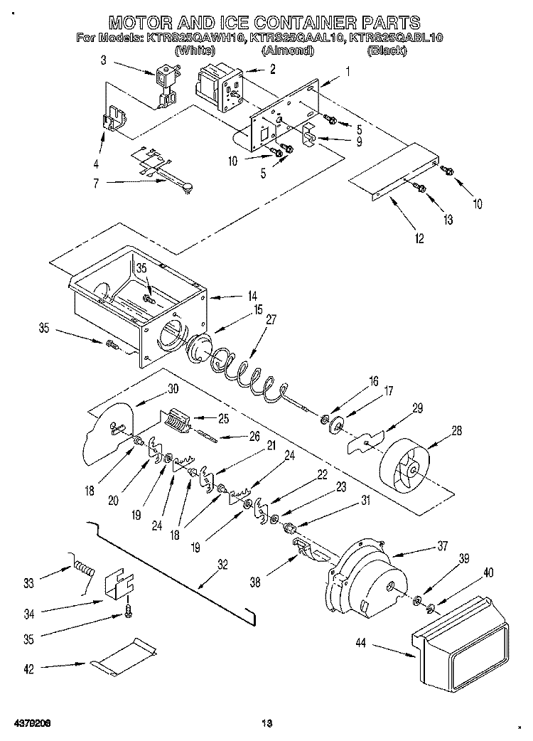 MOTOR AND ICE CONTAINER Diagram and Parts List for KTRS25QAAL10  KitchenAid Refrigerator