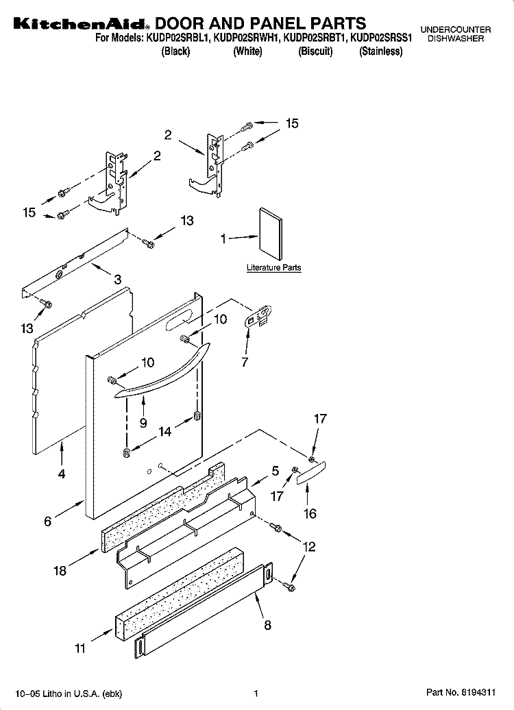DOOR AND PANEL PARTS Diagram and Parts List for KUDP02SRSS1  KitchenAid Dishwasher