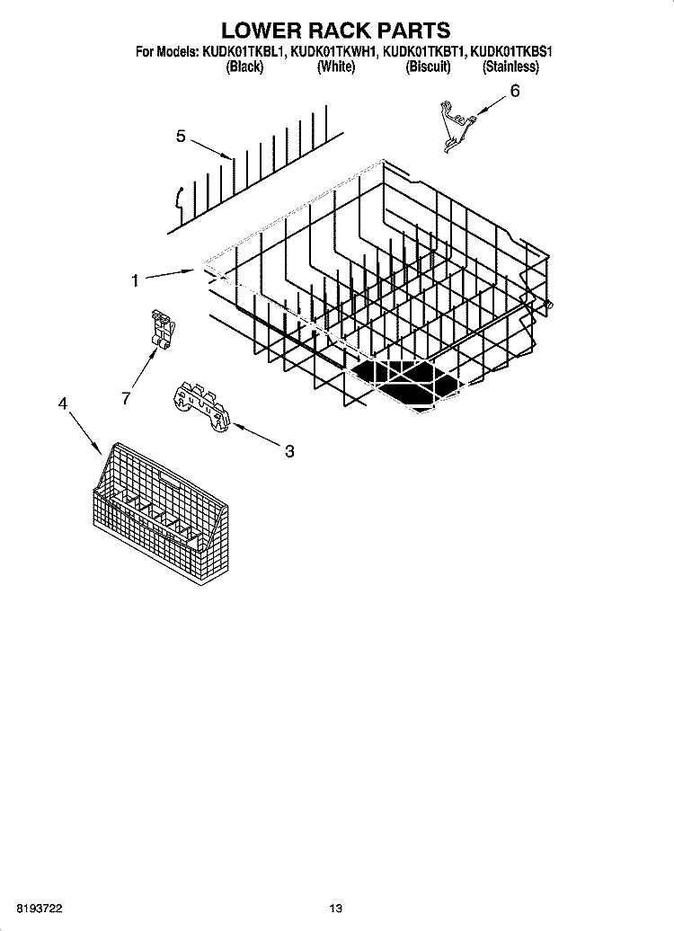 LOWER RACK PARTS Diagram and Parts List for KUDK01TKBT1  KitchenAid Dishwasher