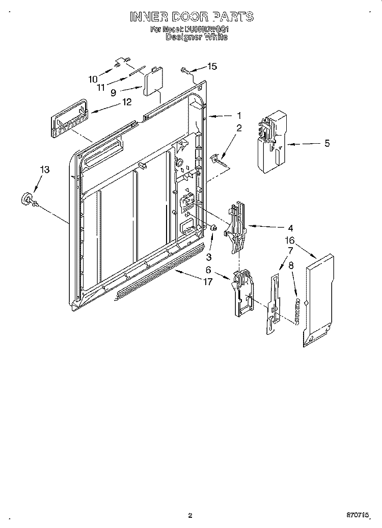 INNER DOOR Diagram and Parts List for DU800DWGQ1  Whirlpool Dishwasher
