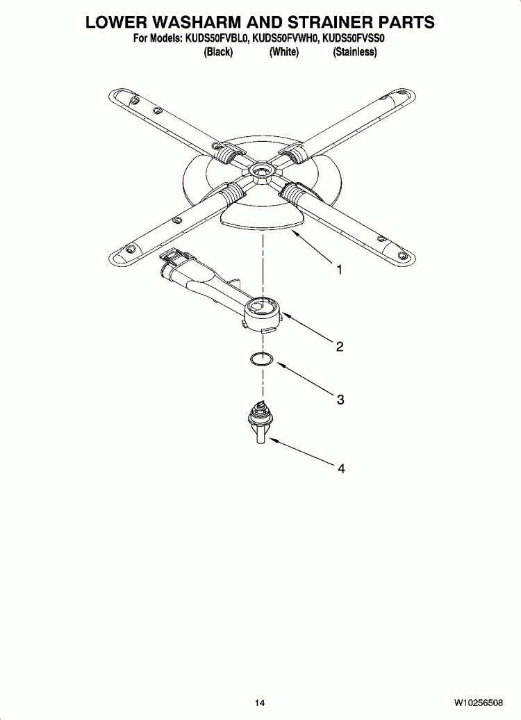 LOWER WASHARM AND STRAINER PARTS Diagram and Parts List for KUDS50FVSS0  KitchenAid Dishwasher