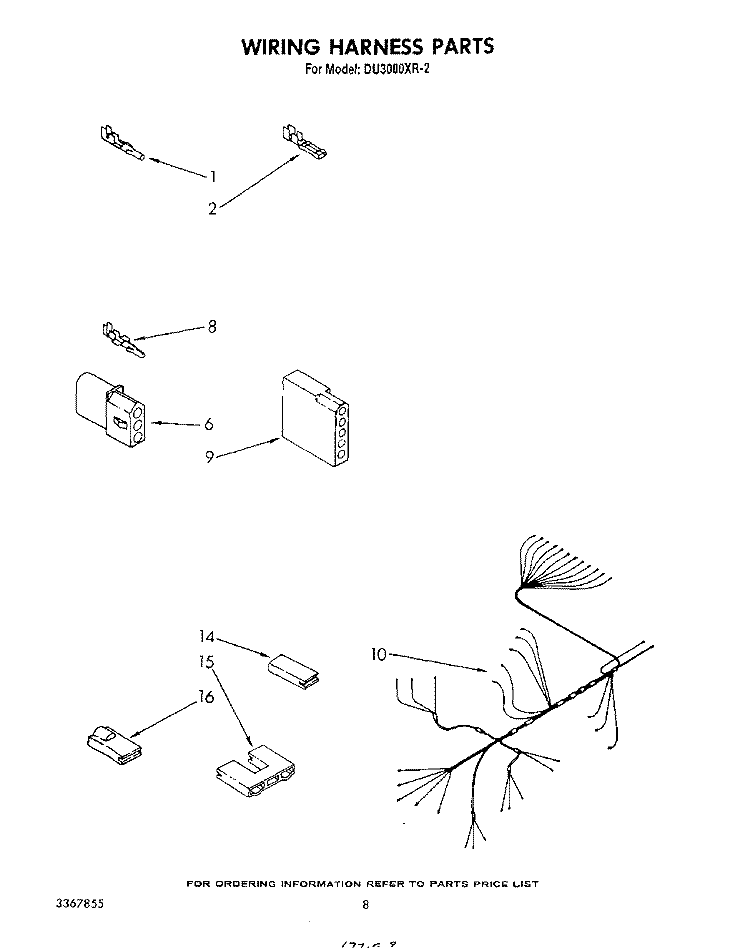 WIRING HARNESS Diagram and Parts List for DU3000XR2  Whirlpool Dishwasher