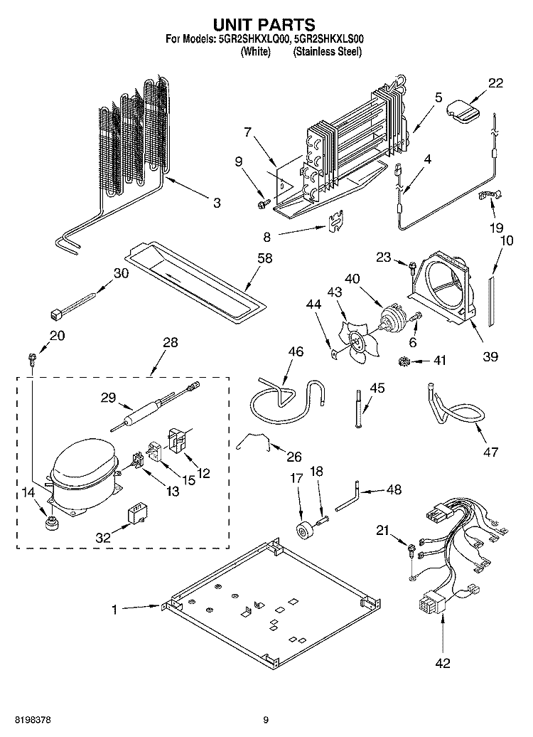 UNIT Diagram and Parts List for 5GR2SHKXKQ00  Whirlpool Refrigerator