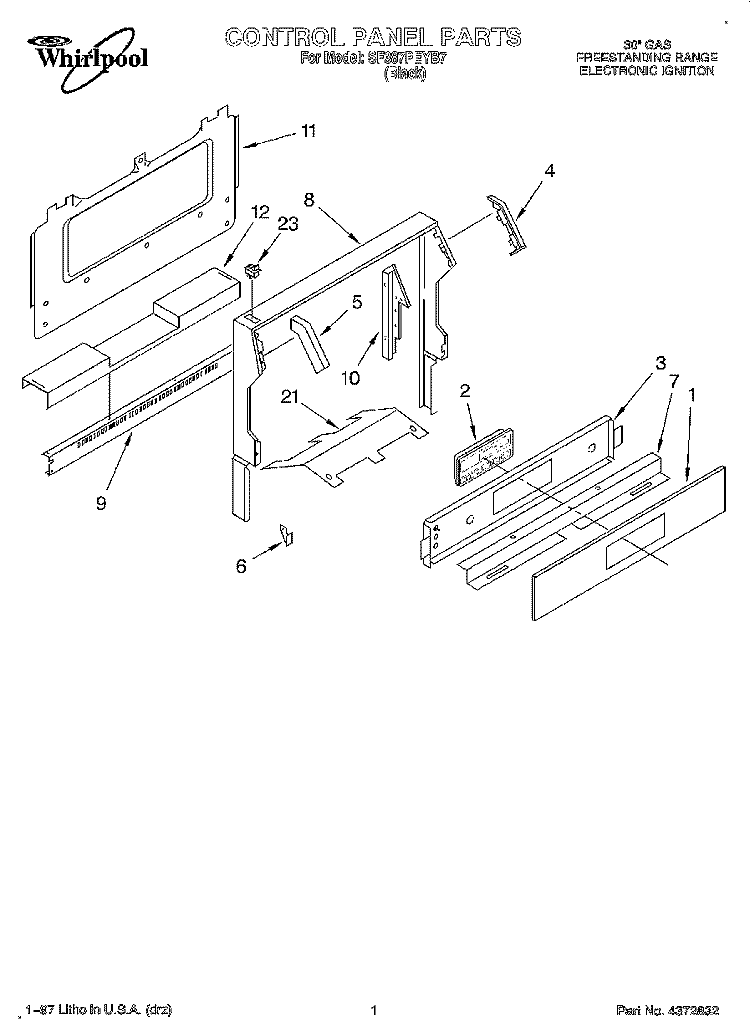 CONTROL PANEL Diagram and Parts List for SF387PEYB7  Whirlpool Range
