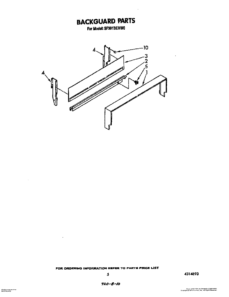 BACKGUARD Diagram and Parts List for SF301BERW0  Whirlpool Range