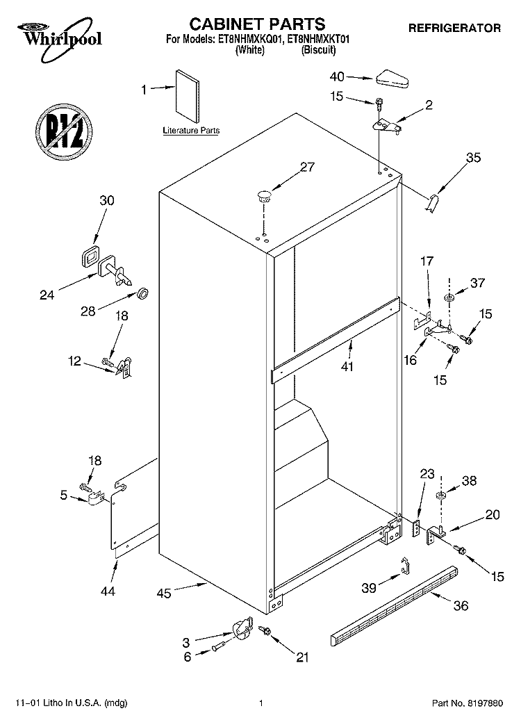 CABINET, LITERATURE Diagram and Parts List for ET8NHMXKQ01  Whirlpool Refrigerator