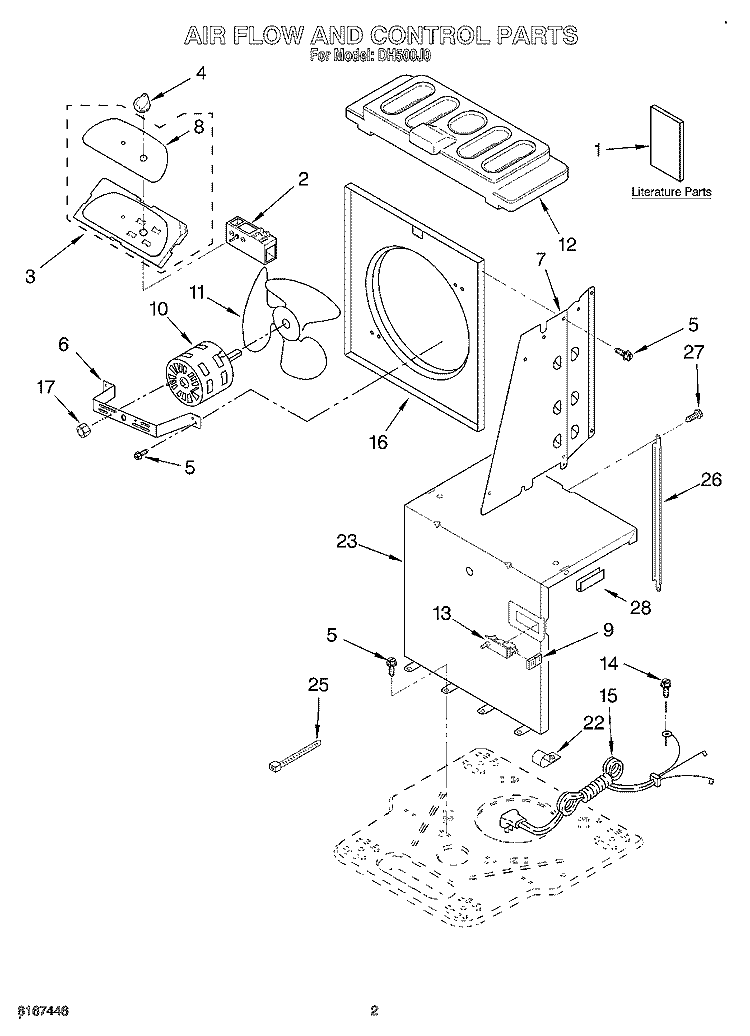 AIR FLOW AND CONTROL, LITERATURE Diagram and Parts List for DH500J0  Whirlpool Dehumidifier