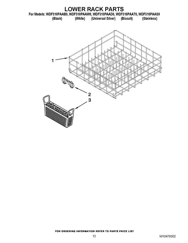 LOWER RACK PARTS Diagram and Parts List for WDF310PAAD0  Whirlpool Dishwasher