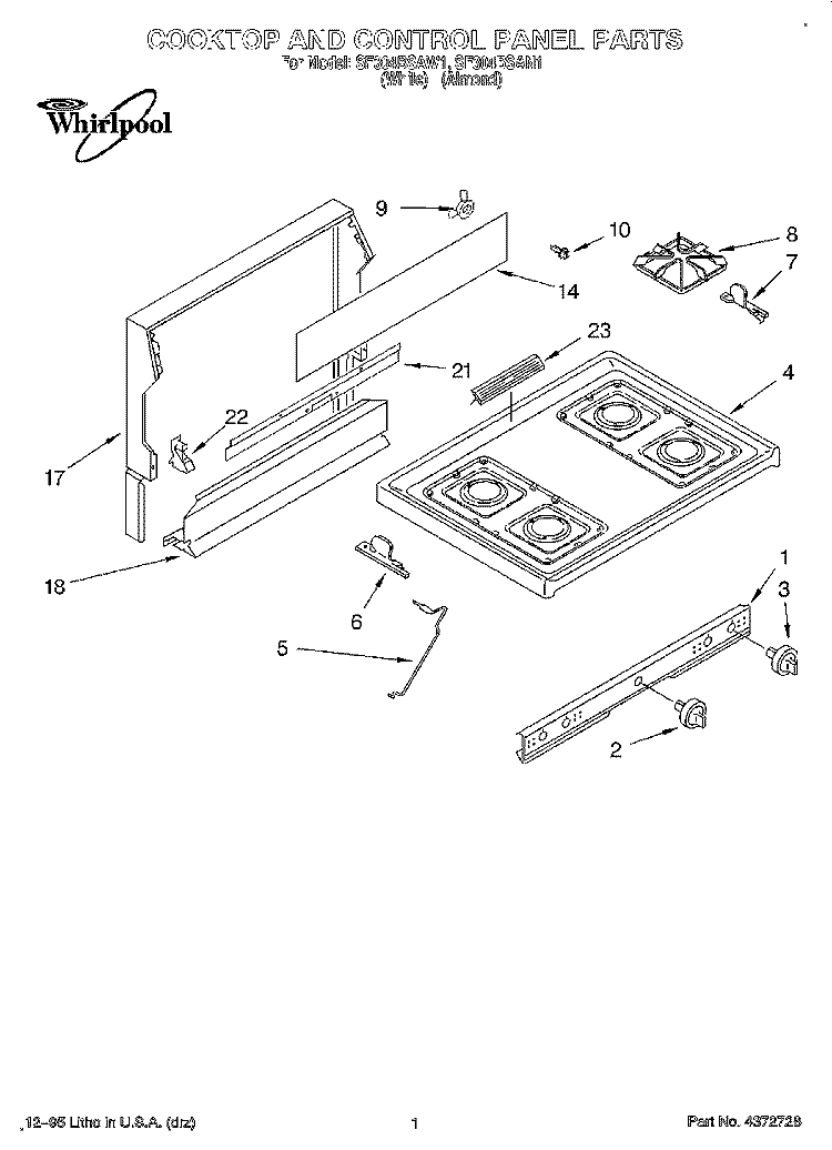 COOKTOP AND CONTROL PANEL, LIT/OPTIONAL Diagram and Parts List for SF304BSAW1  Whirlpool Range