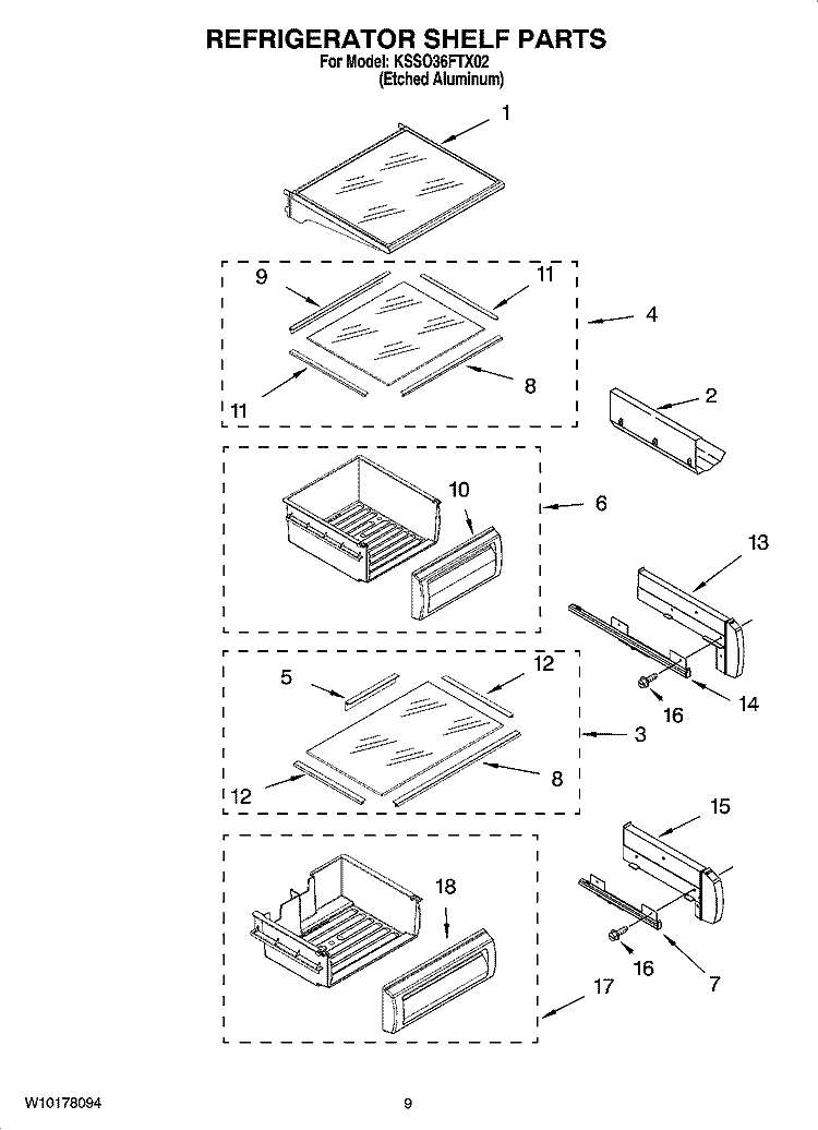 REFRIGERATOR SHELF PARTS Diagram and Parts List for KSSO36FTX02  KitchenAid Refrigerator