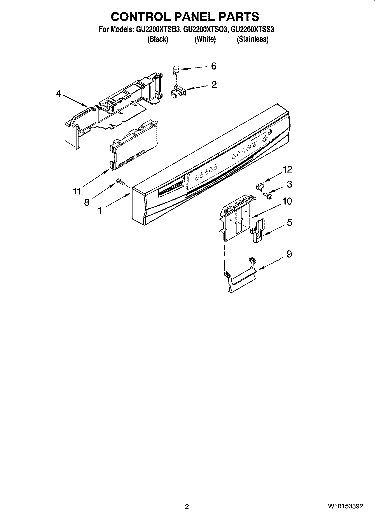 CONTROL PANEL PARTS Diagram and Parts List for GU2200XTSB3  Whirlpool Dishwasher