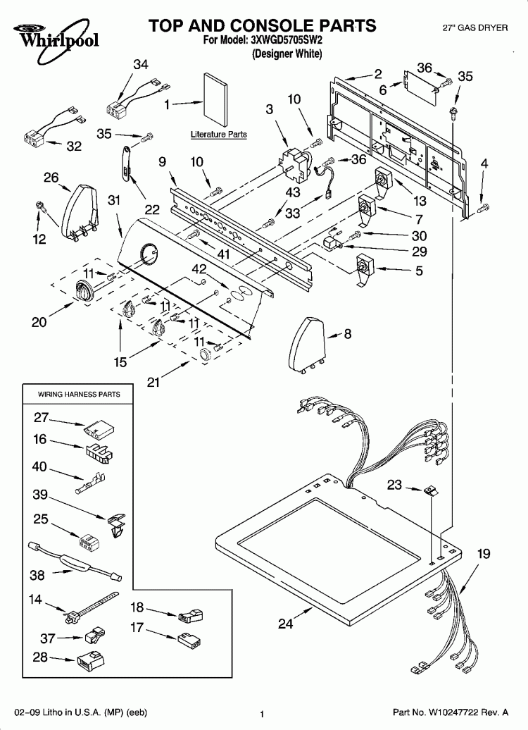 TOP AND CONSOLE PARTS Diagram and Parts List for 3XWGD5705SW2  Whirlpool Dryer