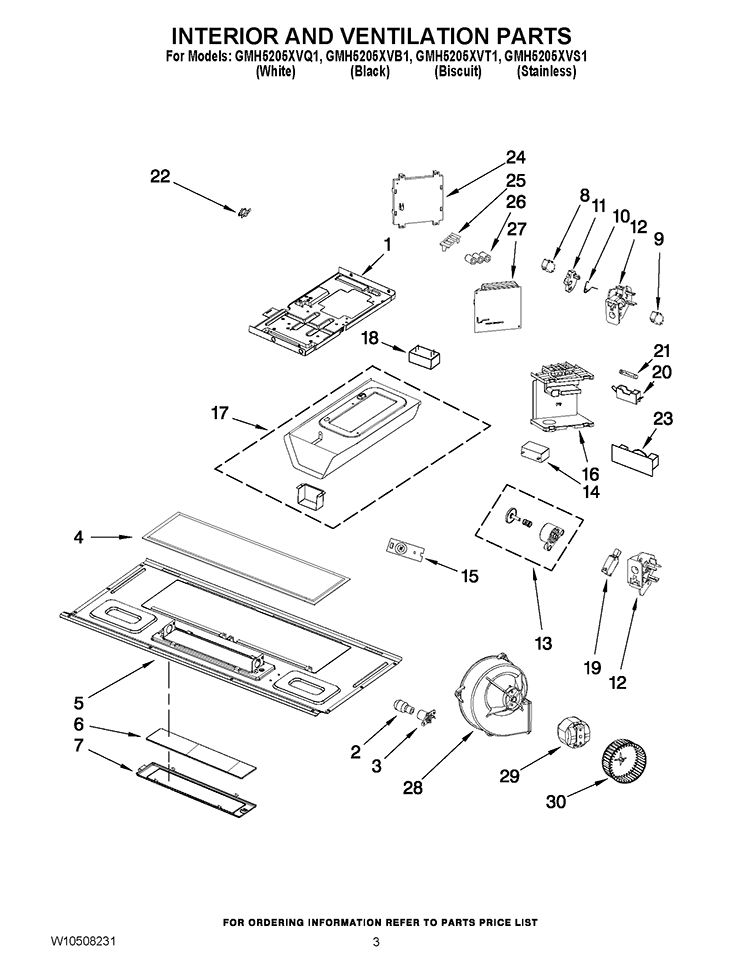 INTERIOR AND VENTILATION PARTS Diagram and Parts List for GMH5205XVB1  Whirlpool Microwave