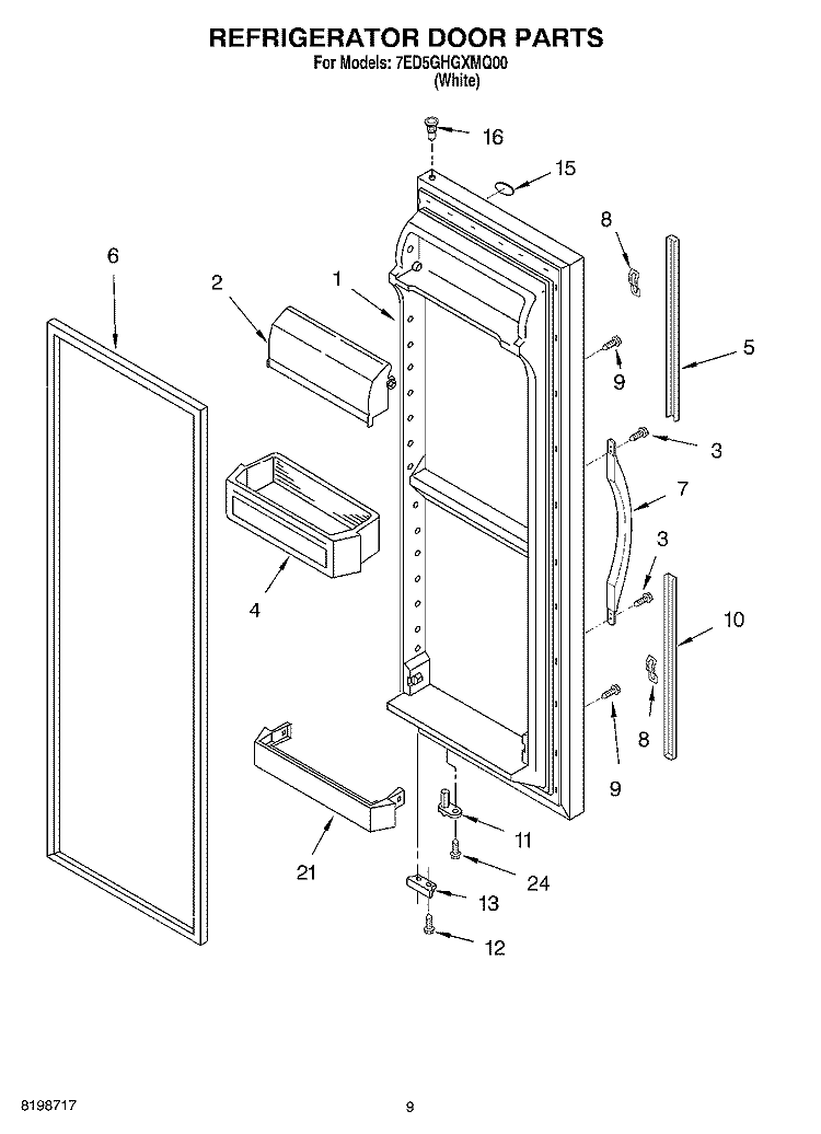 REFRIGERATOR DOOR PARTS Diagram and Parts List for 7ED5GHGXMQ00  Whirlpool Refrigerator
