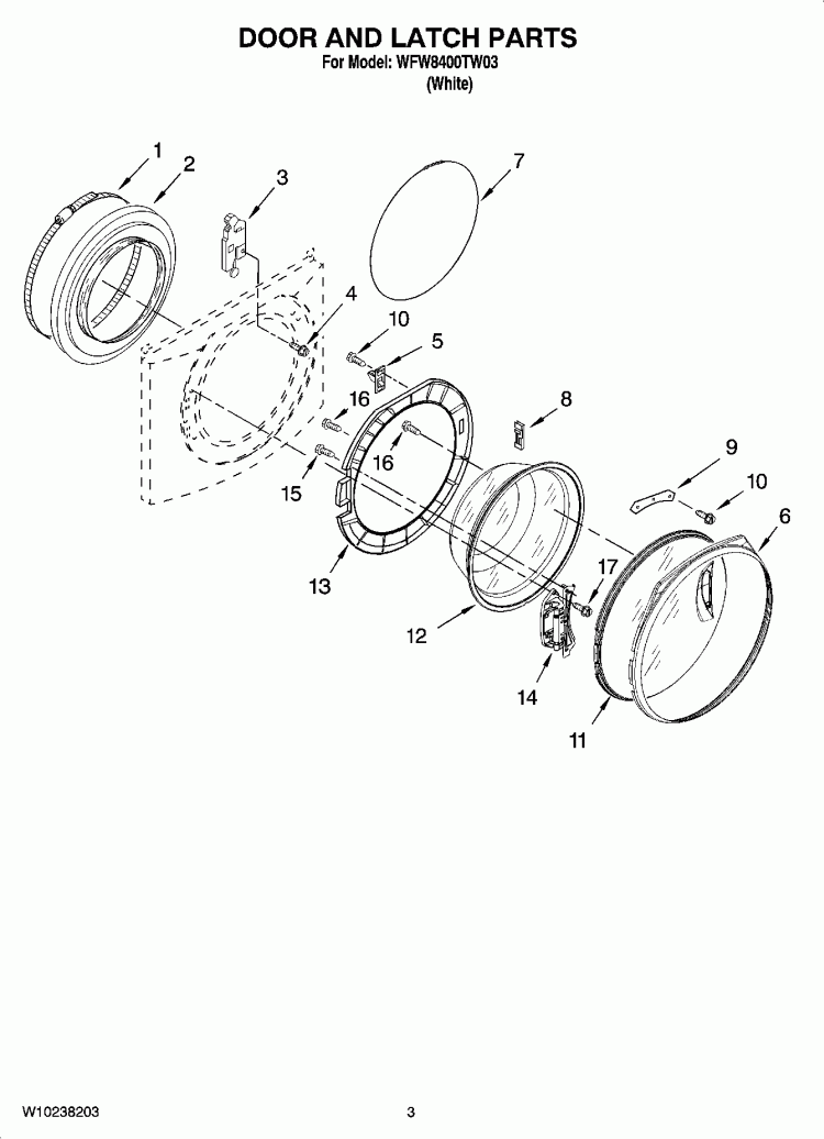 DOOR AND LATCH PARTS Diagram and Parts List for WFW8400TW03  Whirlpool Washer