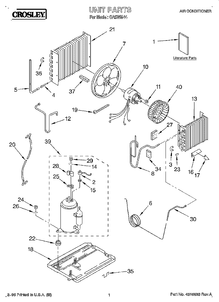 UNIT, LITERATURE Diagram and Parts List for CA5WM44  Crosley Air Conditioner