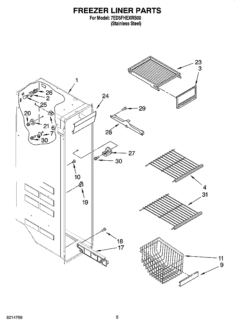 FREEZER LINER PARTS Diagram and Parts List for 7ED5FHEXRS00  Whirlpool Refrigerator