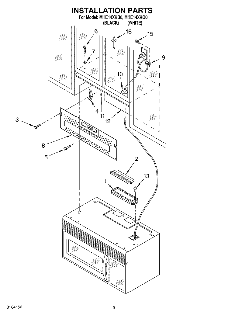 INSTALLATION Diagram and Parts List for MHE14XKQ0  Roper Microwave