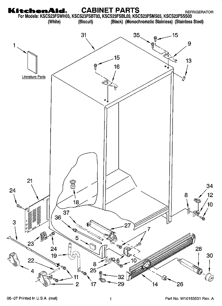 CABINET PARTS Diagram and Parts List for KSCS23FSBT03  KitchenAid Refrigerator