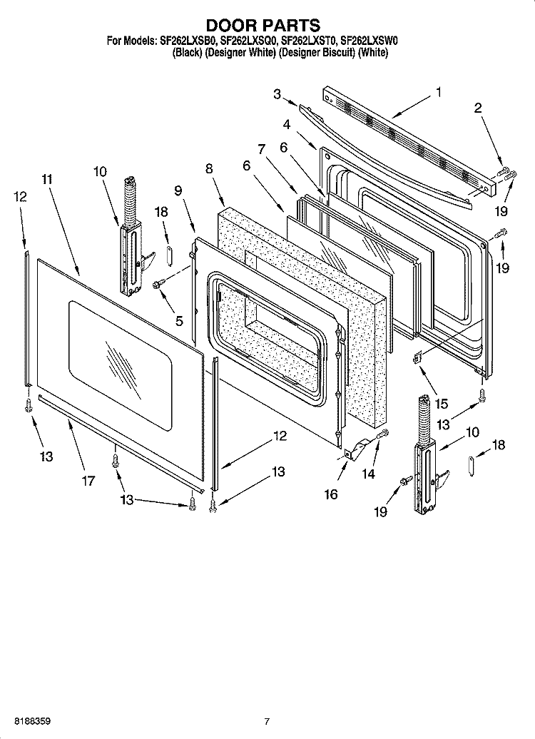 DOOR PARTS Diagram and Parts List for SF262LXSQ0  Whirlpool Range