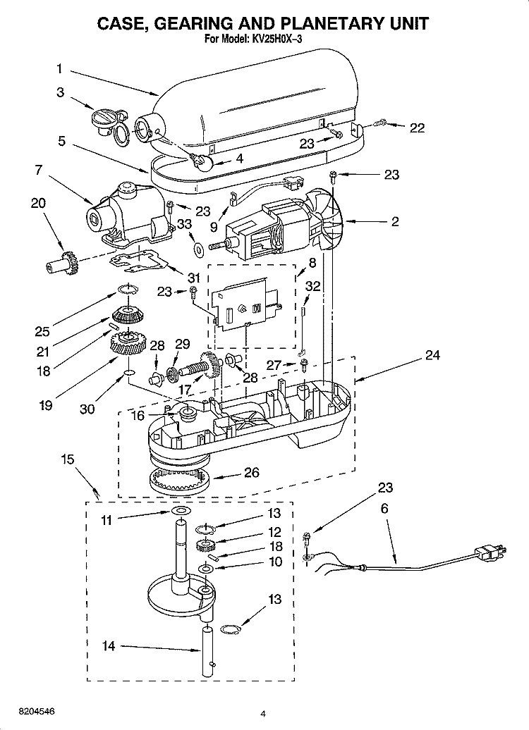 CASE, GEARING, PLANETARY UNIT AND ACCESSORY PARTS Diagram and Parts List for KV25H0X-3  KitchenAid Mixer