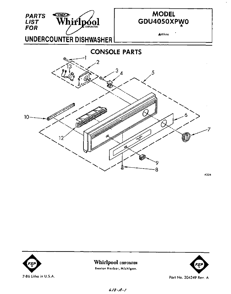 CONSOLE Diagram and Parts List for GDU4050XPW0  Whirlpool Dishwasher