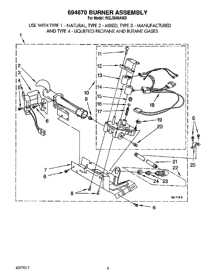 694670 BURNER ASSEMBLY Diagram and Parts List for RGL5646AW0  Roper Dryer