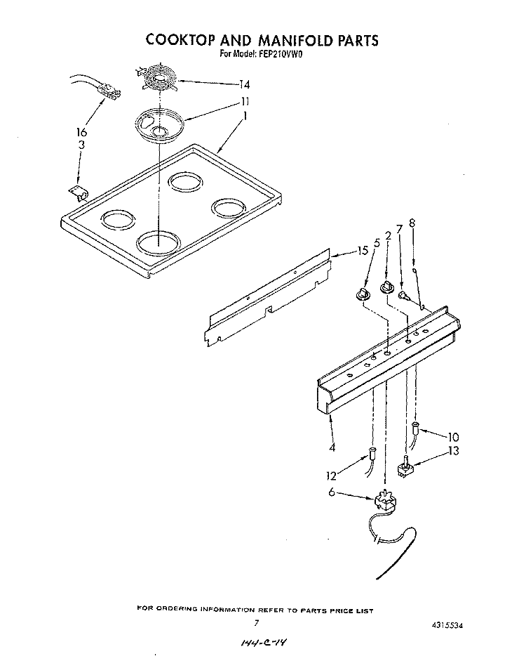 COOKTOP AND MANIFOLD Diagram and Parts List for FEP210VW0  Roper Range