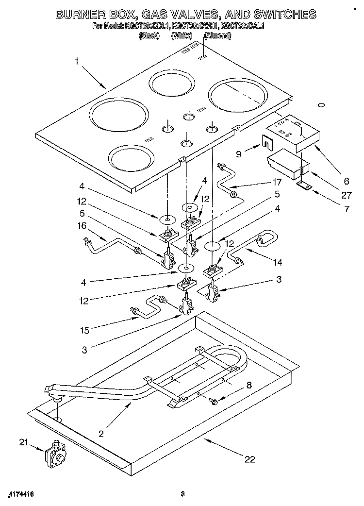 BURNER BOX, GAS VALVES, AND SWITCHES Diagram and Parts List for KGCT305BBL1  KitchenAid Cooktop