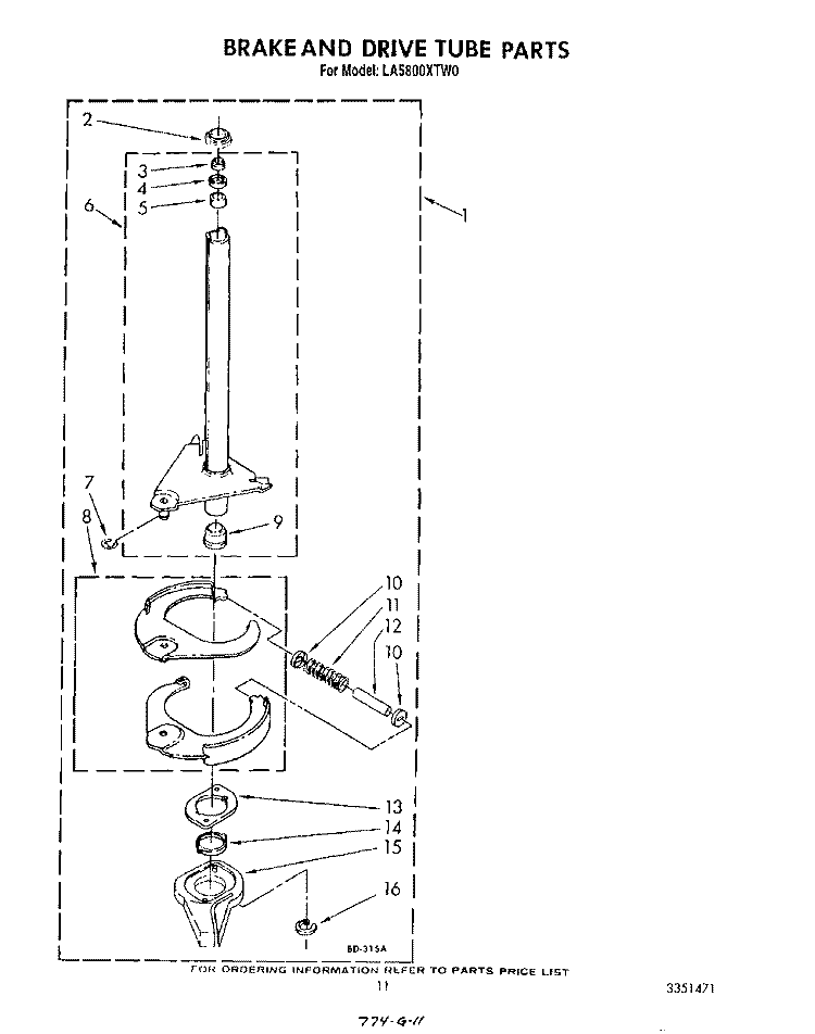 BRAKE AND DRIVE TUBE Diagram and Parts List for LA5800XTG0  Whirlpool Washer
