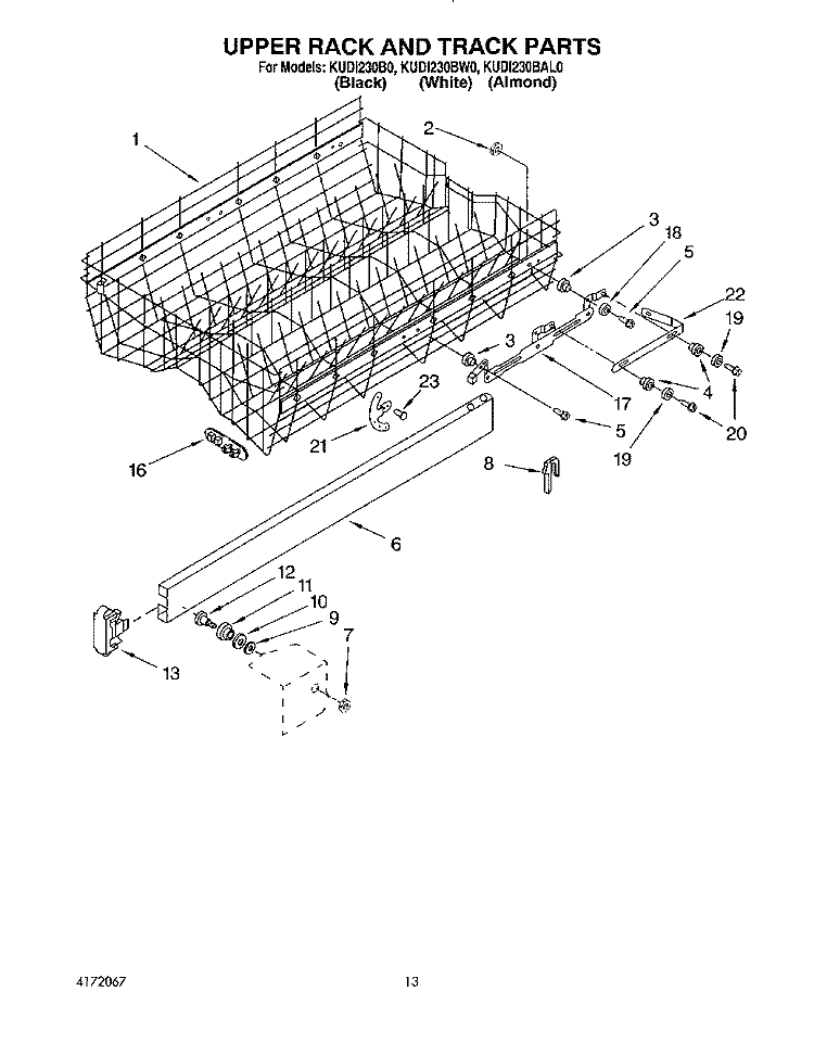 UPPER RACK AND TRACK Diagram and Parts List for KUDI230BWH0  KitchenAid Dishwasher