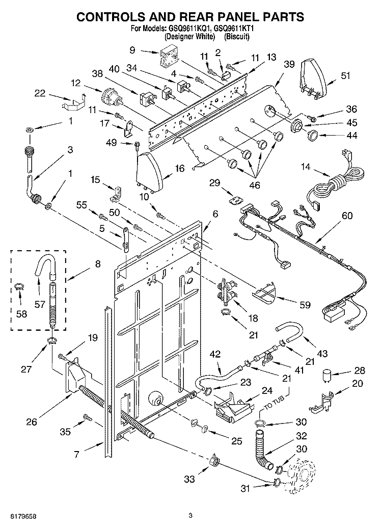 CONTROLS AND REAR PANEL Diagram and Parts List for GSQ9611KQ1  Whirlpool Washer