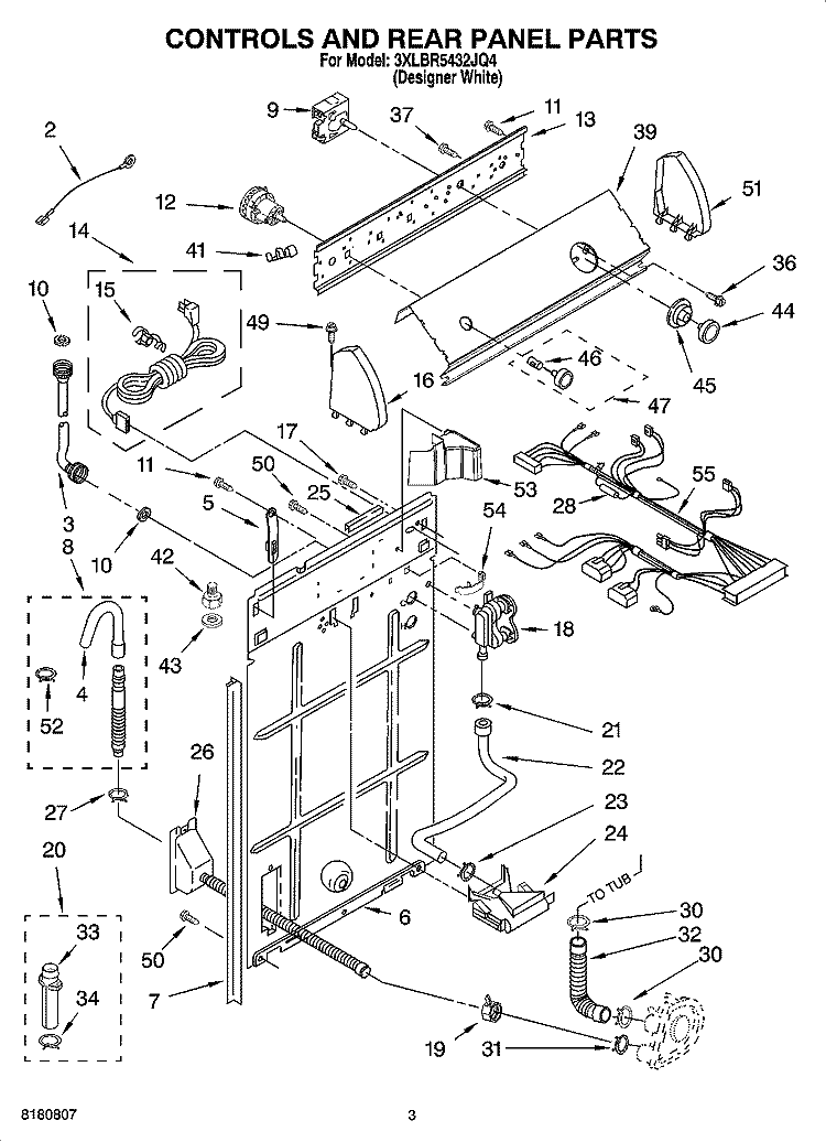 CONTROLS AND REAR PANEL PARTS Diagram and Parts List for 3XLBR5432JQ4  Whirlpool Washer