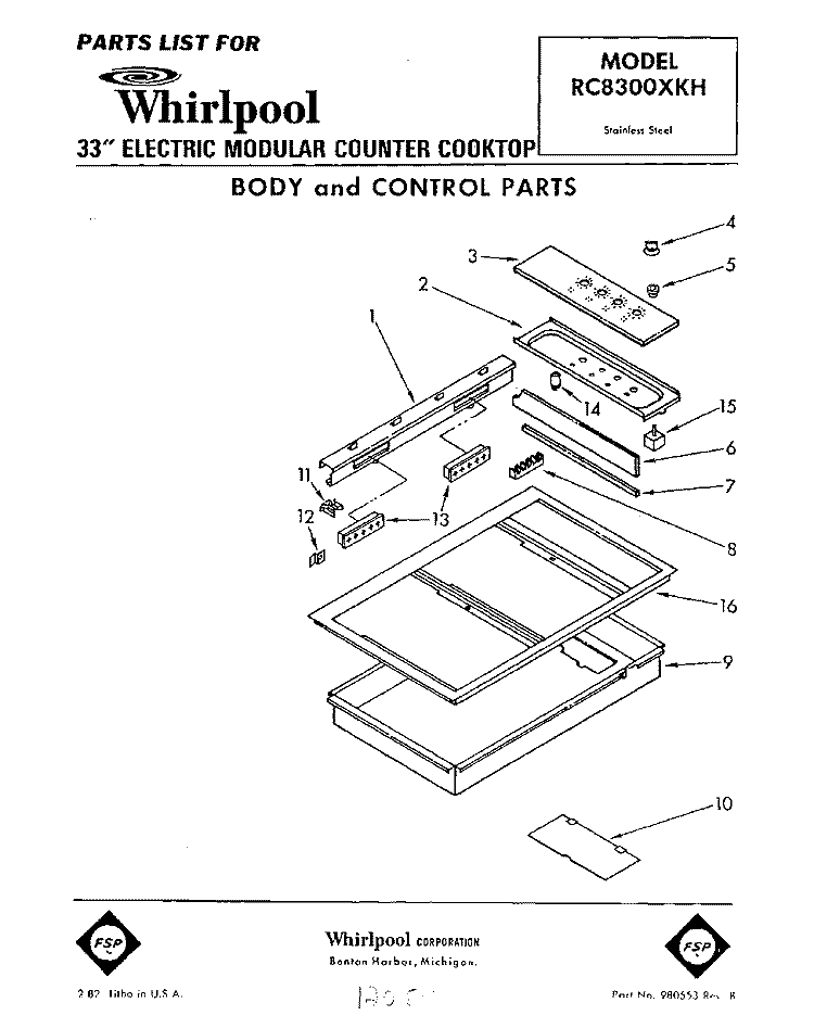 BODY AND CONTROL , LIT/OPTIONAL Diagram and Parts List for RC8300XKH  Whirlpool Cooktop