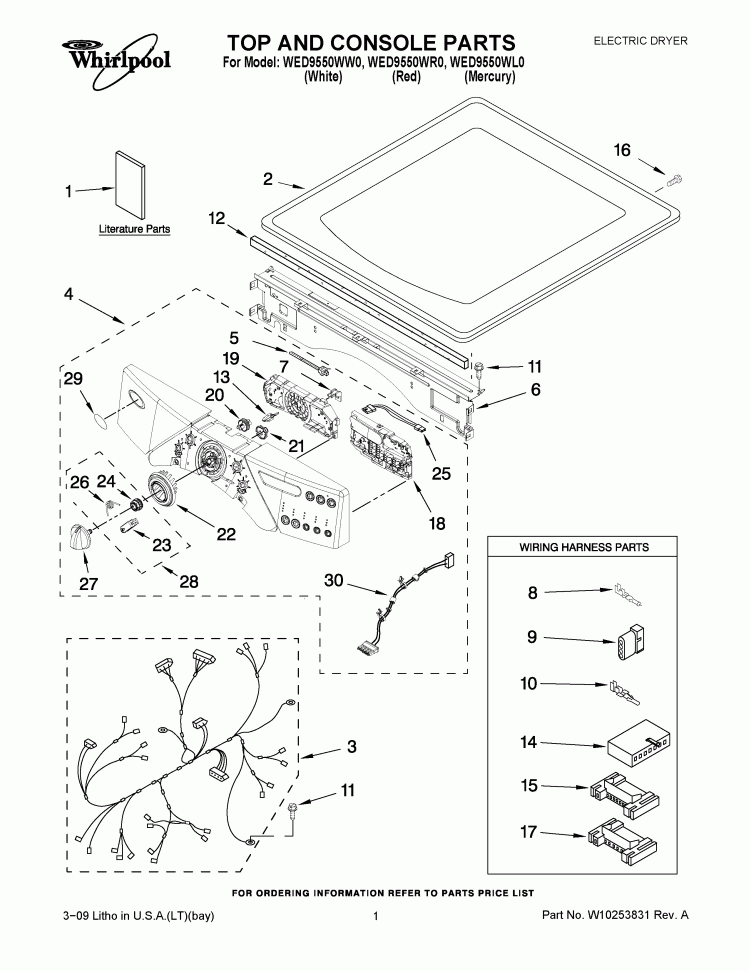 TOP AND CONSOLE PARTS Diagram and Parts List for WED9550WW0  Whirlpool Dryer