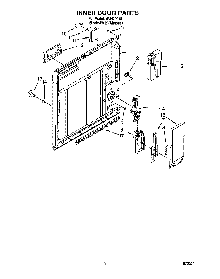 INNER DOOR Diagram and Parts List for WU4300B1  Roper Dishwasher