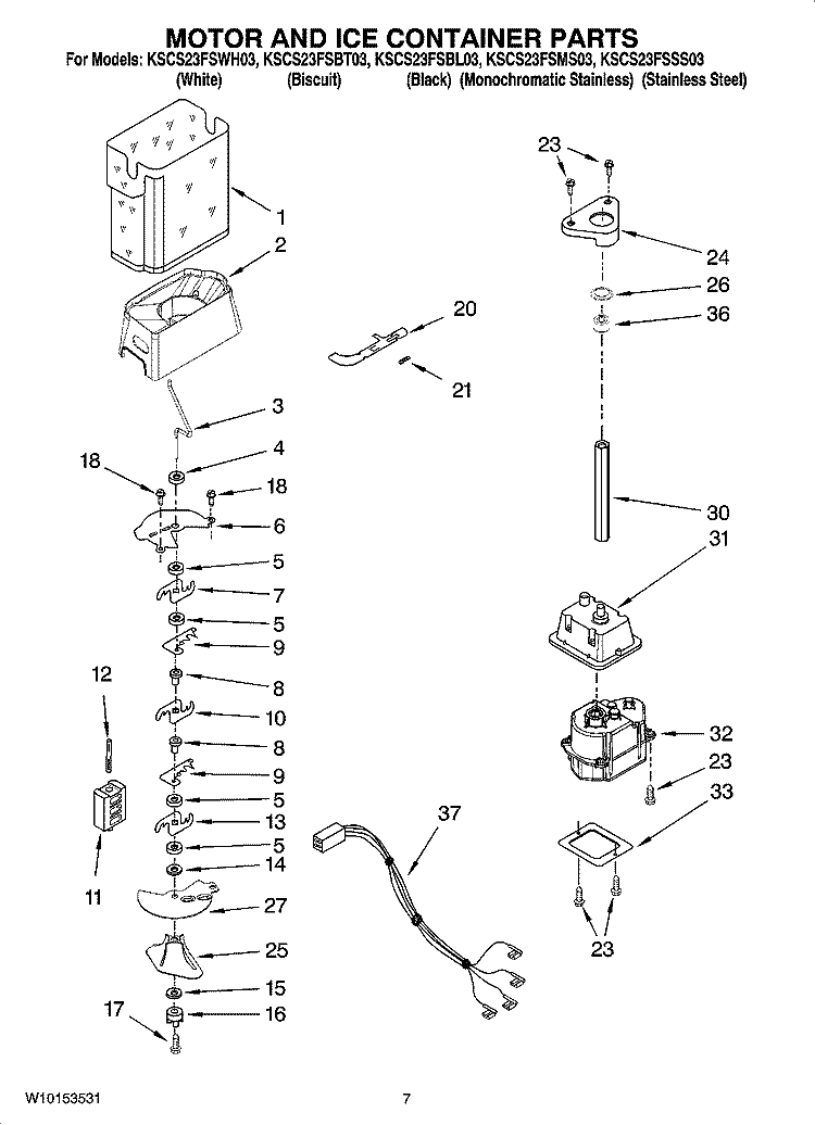 MOTOR AND ICE CONTAINER PARTS Diagram and Parts List for KSCS23FSBT03  KitchenAid Refrigerator