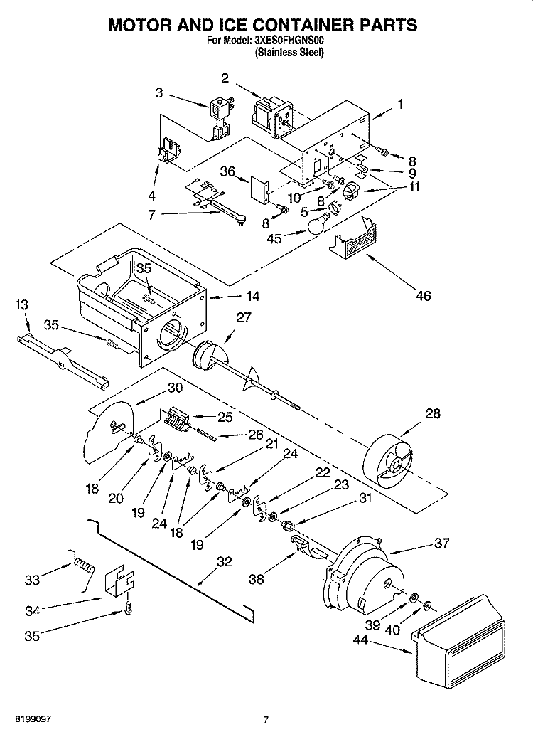 MOTOR AND ICE CONTAINER PARTS Diagram and Parts List for 3XES0FHGNS00  Whirlpool Refrigerator