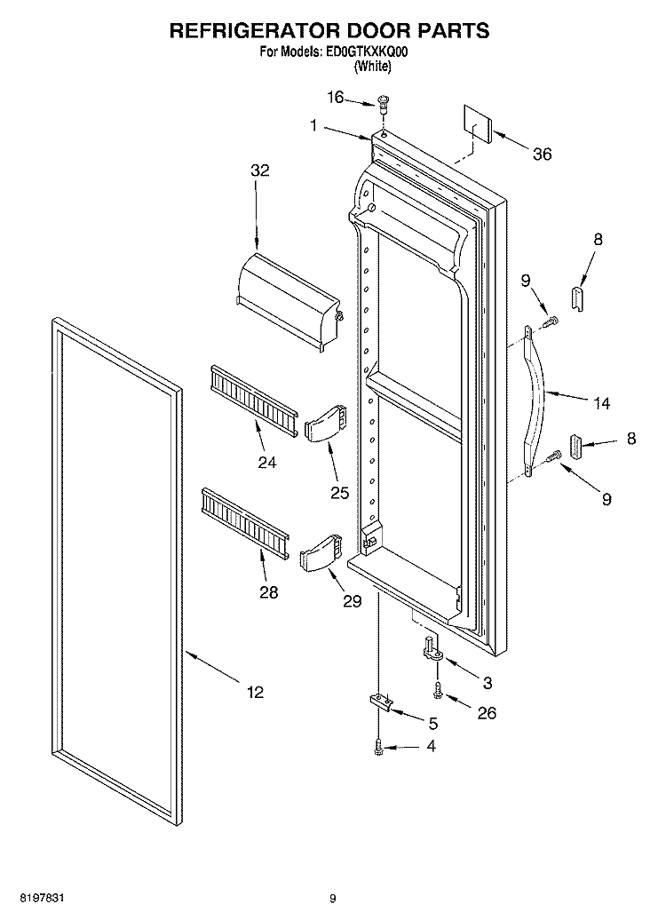 REFRIGERATOR DOOR Diagram and Parts List for ED0GTKXKQ00  Whirlpool Refrigerator
