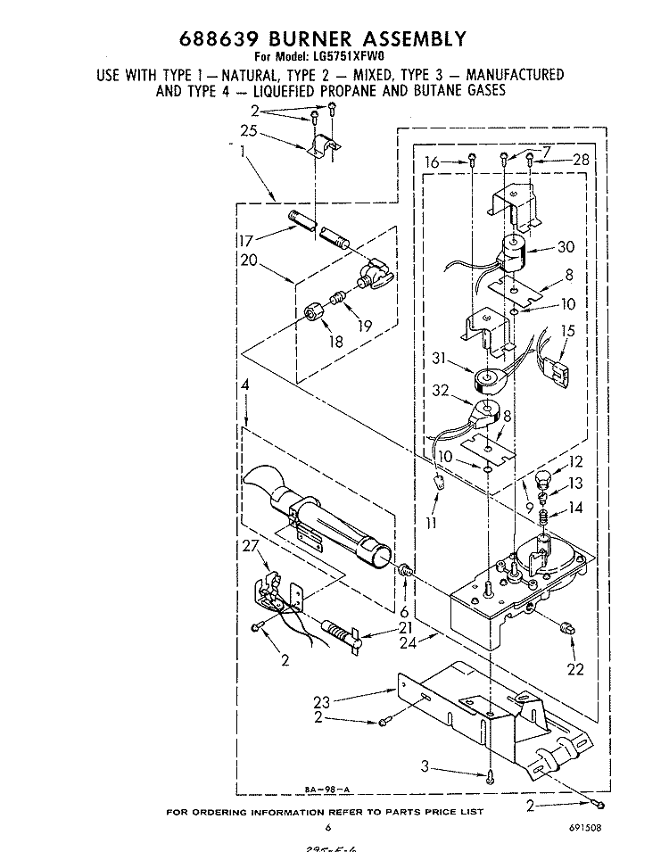 688639 BURNER Diagram and Parts List for LG5751XFW0  Whirlpool Dryer