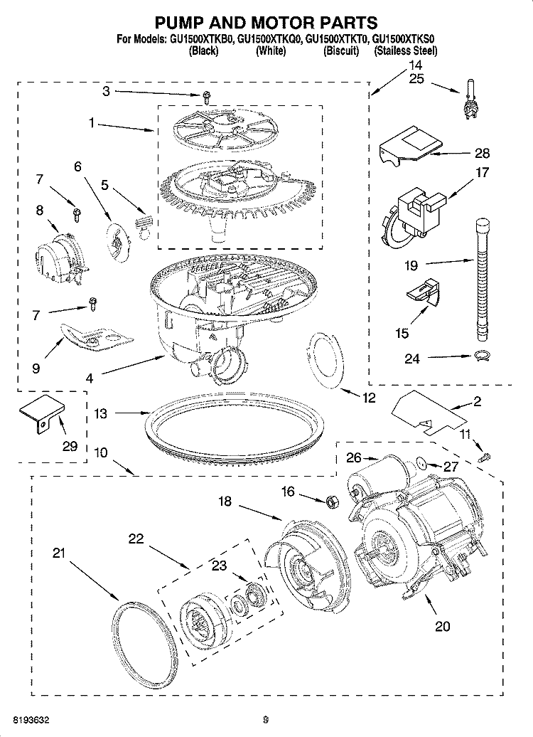 PUMP AND MOTOR PARTS Diagram and Parts List for GU1500XTKQ0  Whirlpool Dishwasher