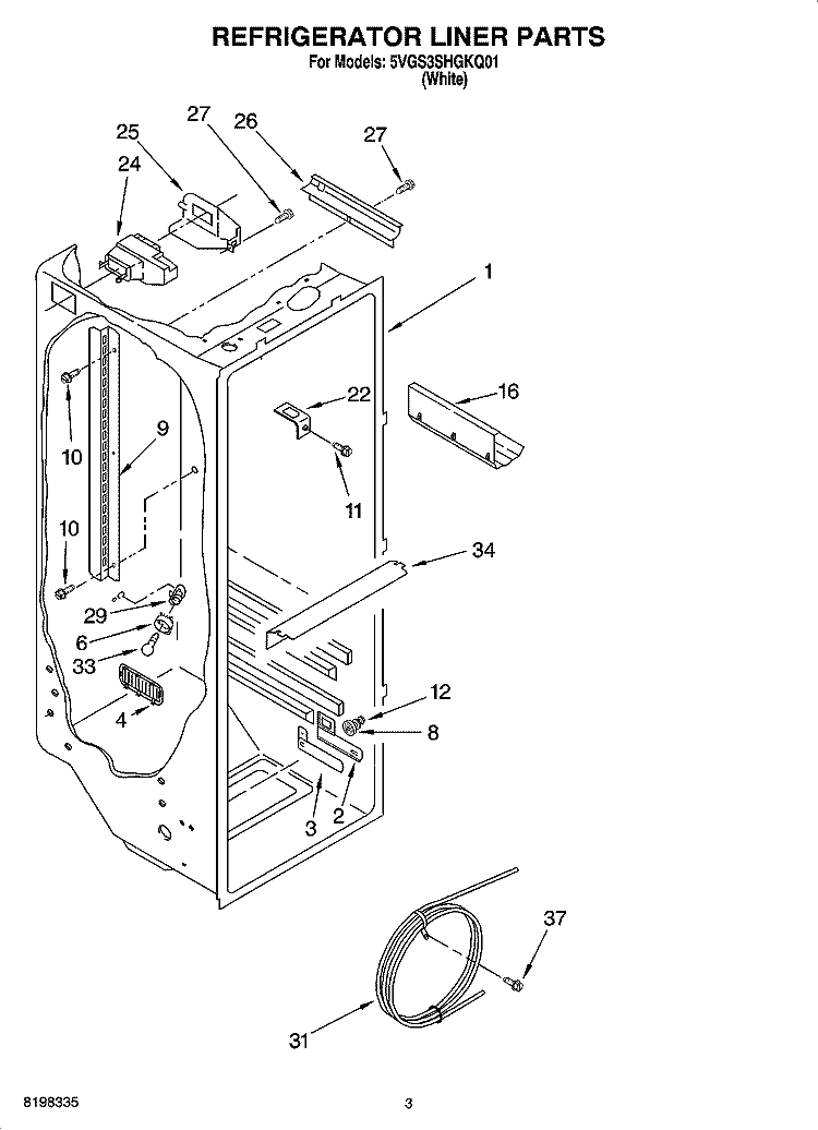 REFRIGERATOR LINER PARTS Diagram and Parts List for 5VGS3SHGKQ01  Whirlpool Refrigerator